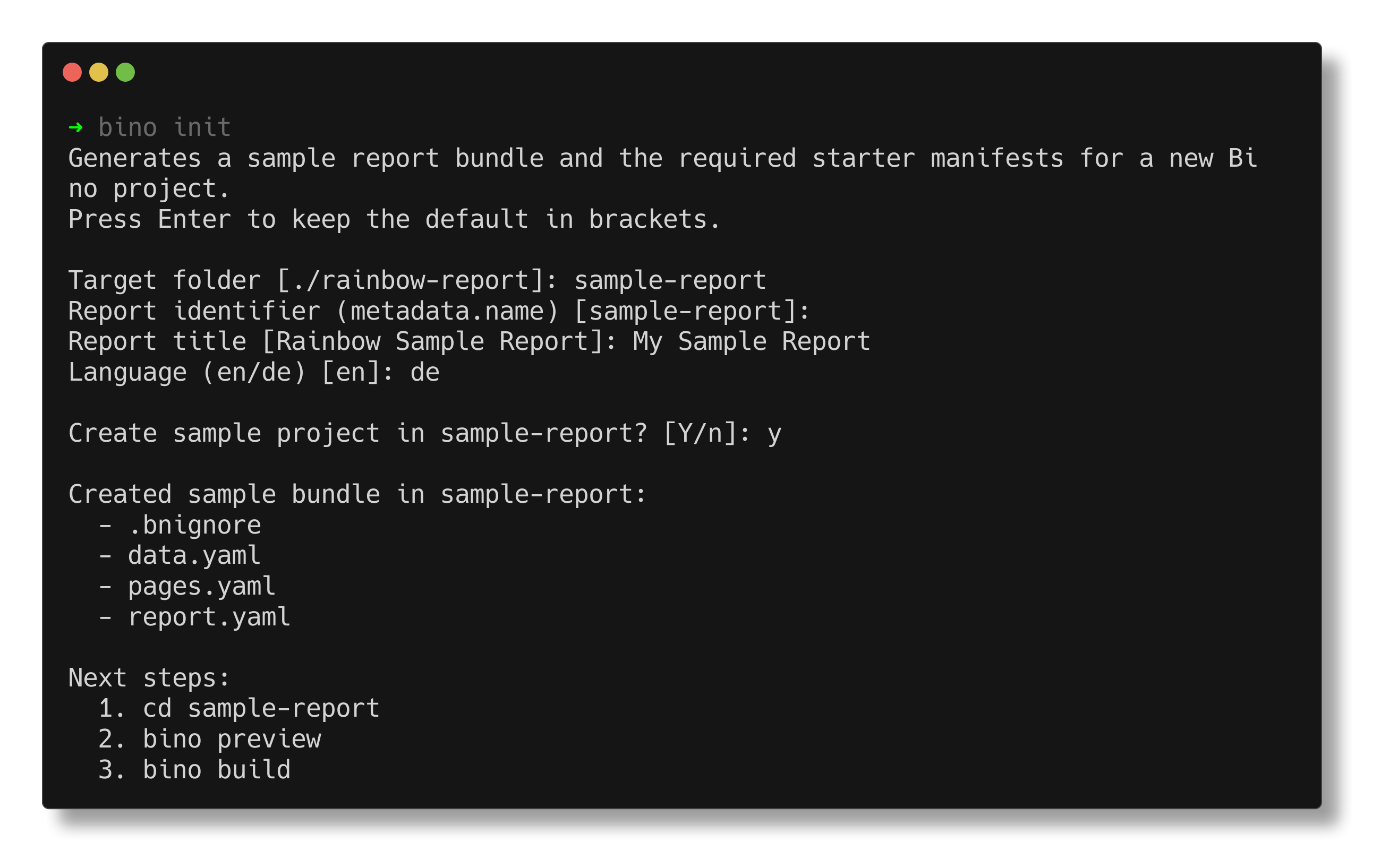 Terminal output of bino init showing the interactive prompts and generated files